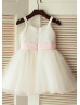Thin Straps Ivory Sequin Tulle Knee Length Flower Girl Dress With Pink Flower Sash
